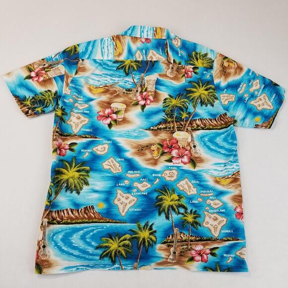 RJC Hawaiian Aloha Shirt Mens Medium Blue Island Map Floral Cotton Made USA - Picture 3 of 11
